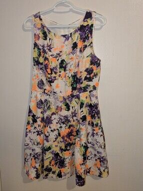 Maeve Sleeveless Floral Fit-and-Flare Dress in Purple, Neon Coral & Cream
